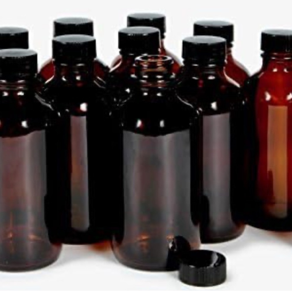 16 pack 2 oz Amber Boston Glass Bottle With Black Poly Cap, Funnels Chalk Labels